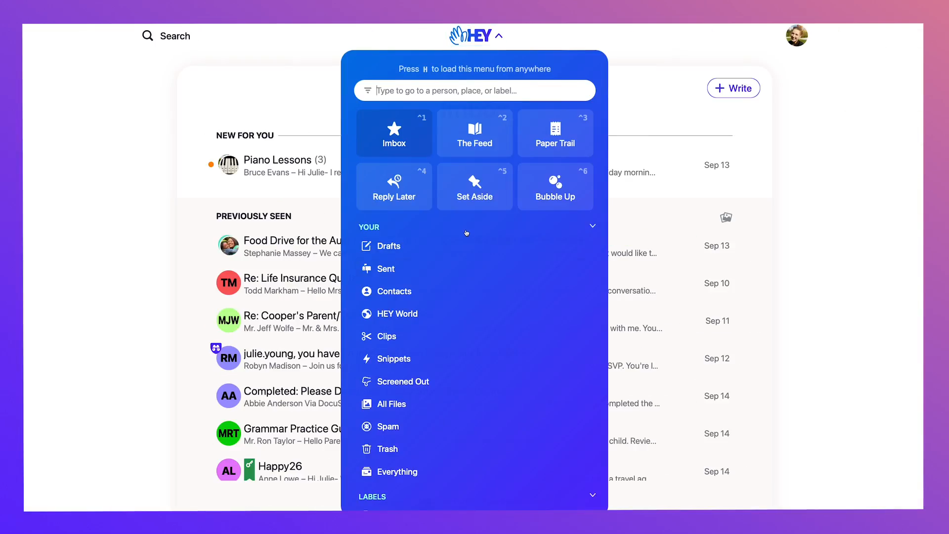 The sidebar menu with labels, collections and workflows
