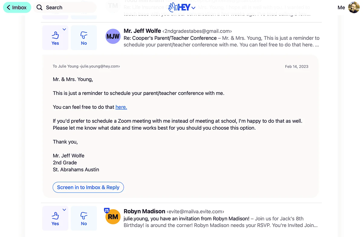 Expanding a Screener row shows the message and offers Screen in and Reply