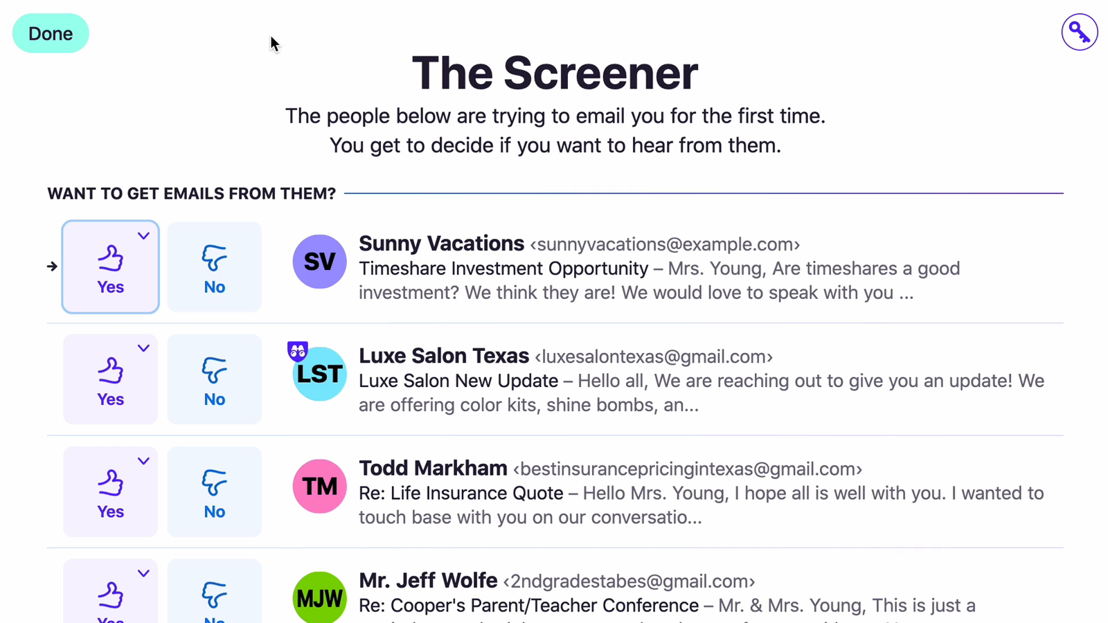 The Screener: one row per first-time sender with Yes and No