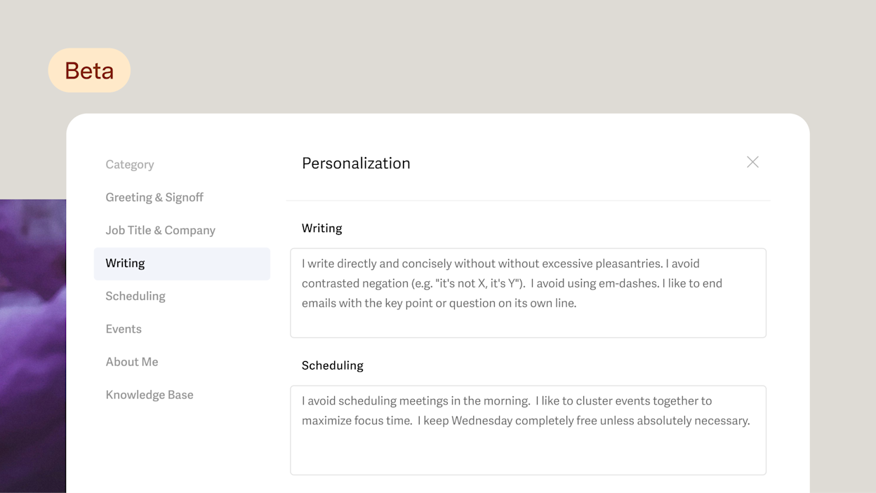 Personalization settings (beta) with Writing and Scheduling instructions
