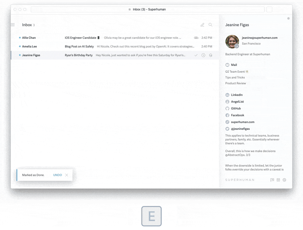 Bulk selection in the list with the Shortcuts sidebar open (older UI, from the Superhuman blog)