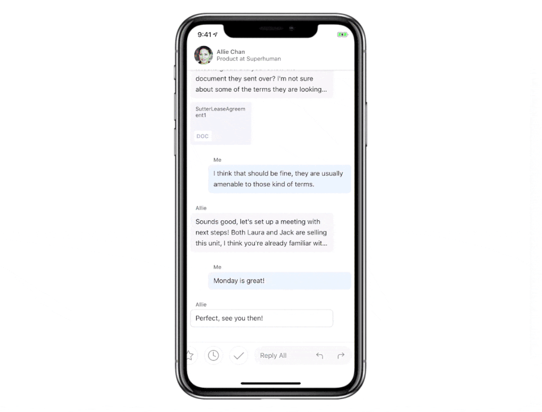 iOS conversation view with the bottom triage bar
