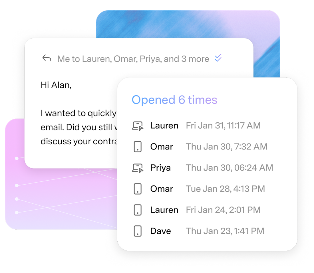 Read Statuses popover: "Opened 6 times" with per-recipient device and time