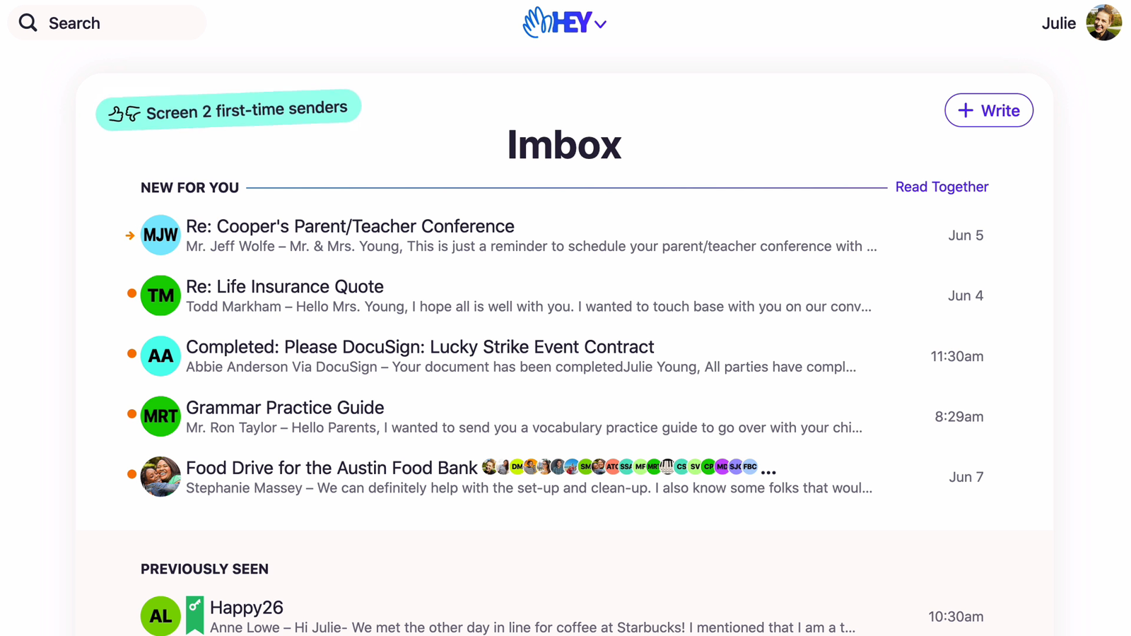Imbox with the Reply Later and Set Aside piles at the bottom
