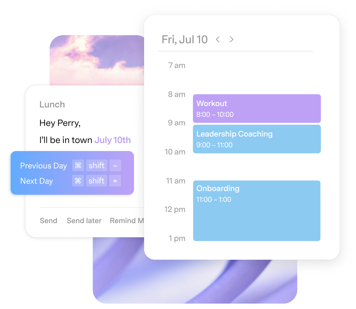 Day view in the sidebar next to a draft, with the date nudge shortcuts