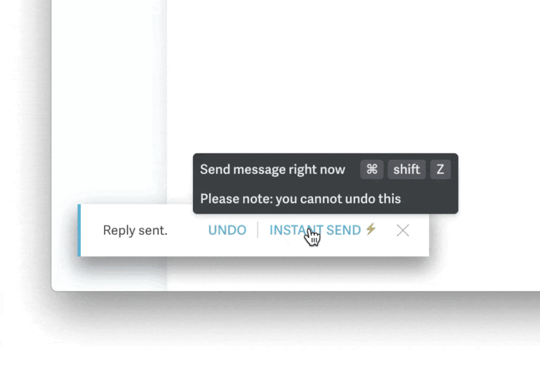 The "Reply sent" toast with Undo and Instant Send