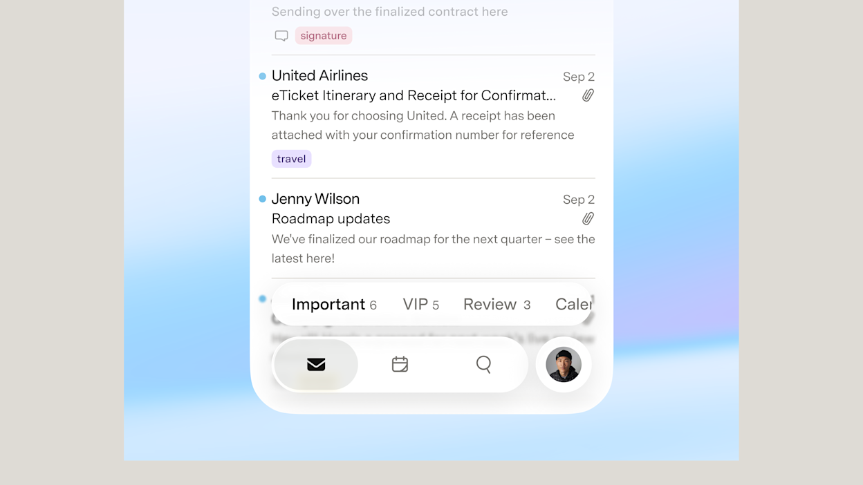 Current mobile inbox with Auto Label pills, split bar and bottom tab bar