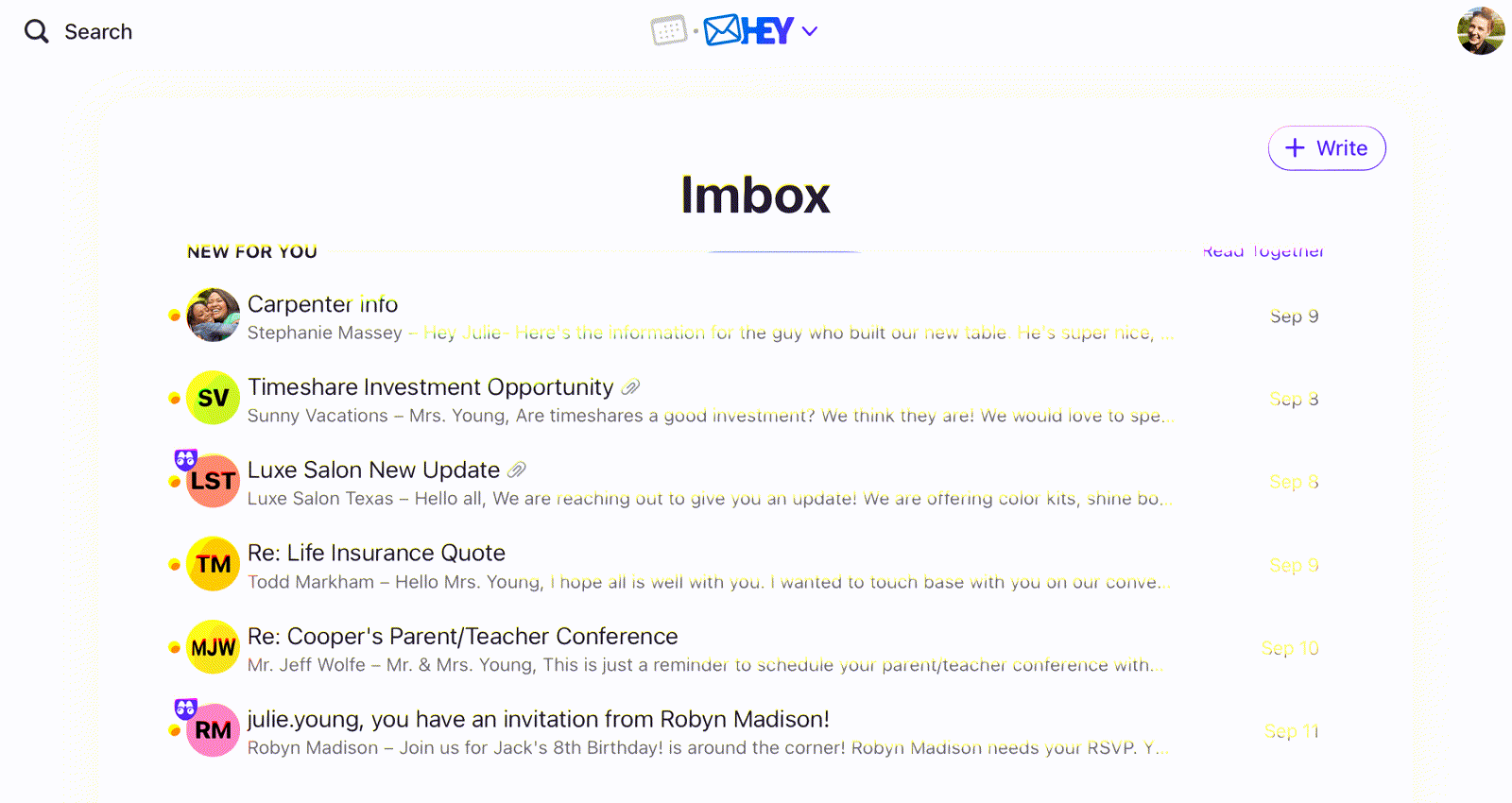 Imbox with New For You and Previously Seen