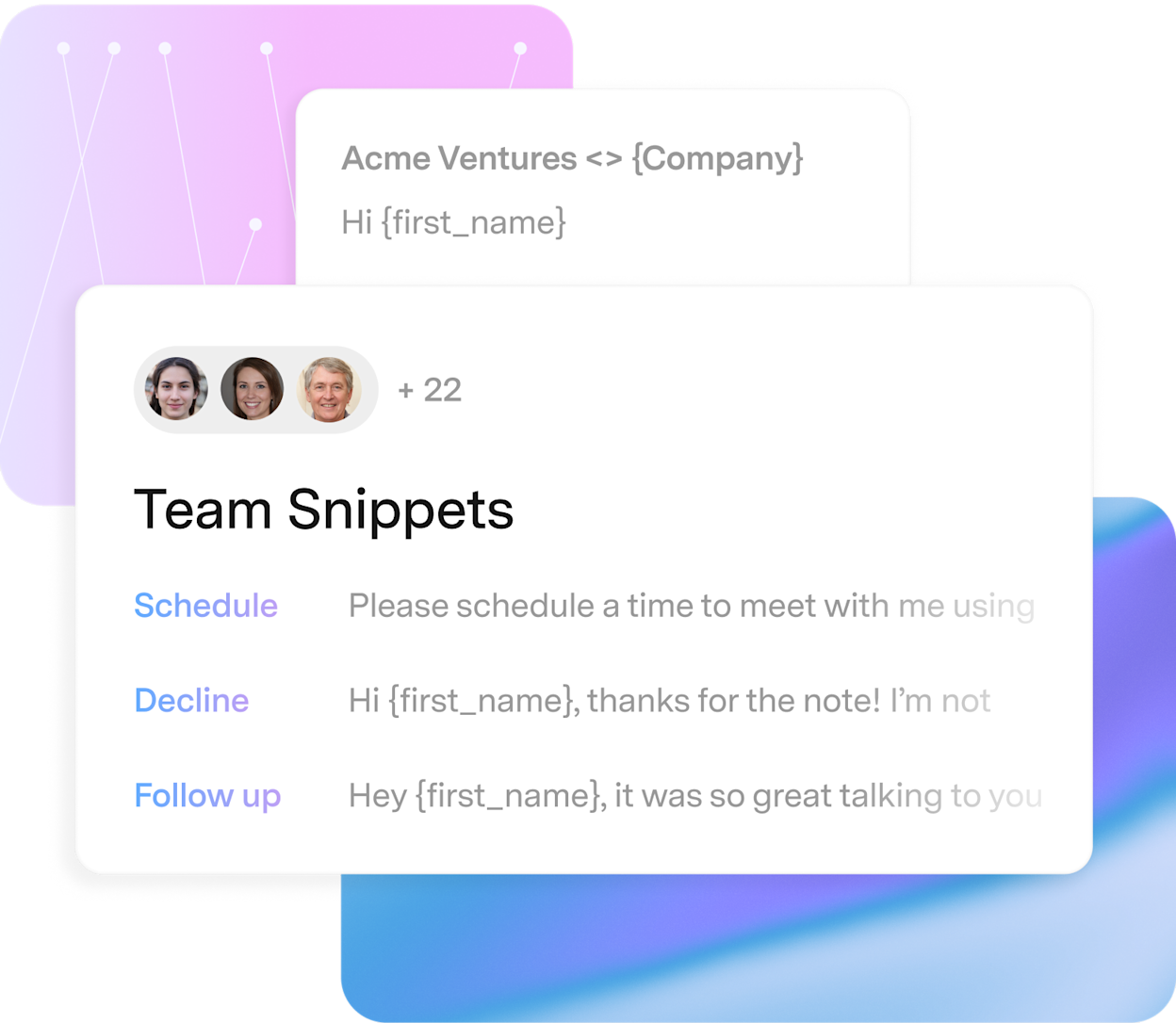 Team Snippets marketing image with {first_name} and {Company} placeholders