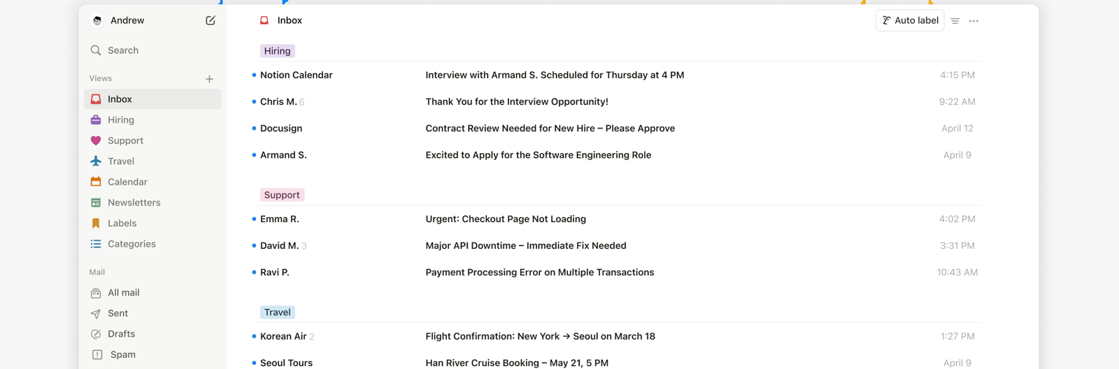 Notion Mail inbox grouped by label
