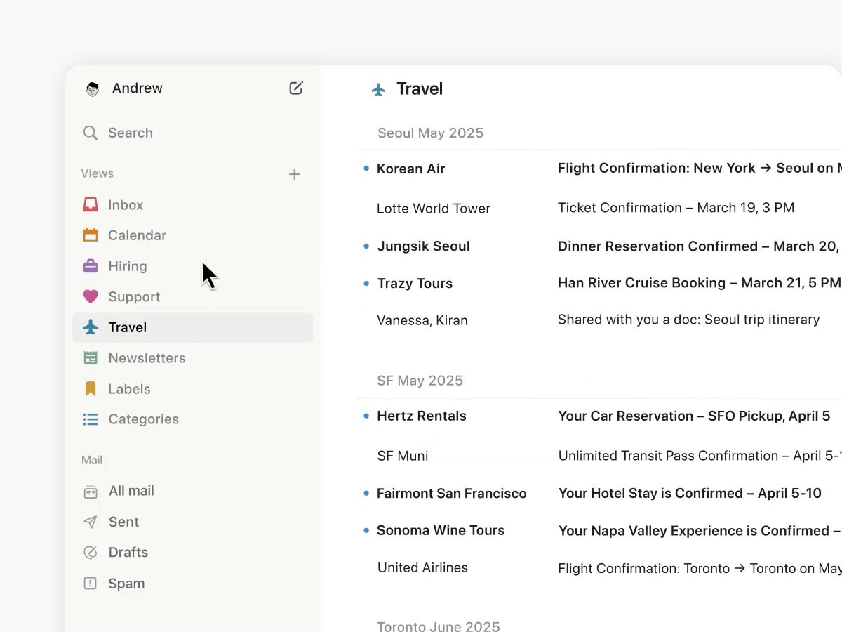 Notion Mail Travel view