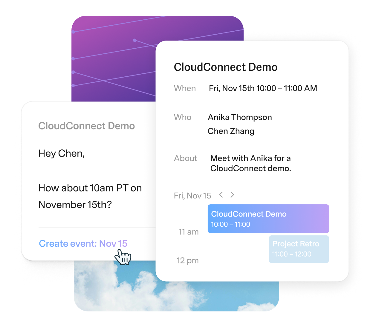 Instant Event created from an email with attendees, description and time pre-filled