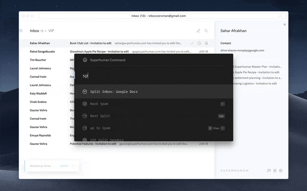 Superhuman Command overlay: typing "sp" surfaces Split Inbox, Mark Spam, Next Split and Go to Spam, each with its shortcut