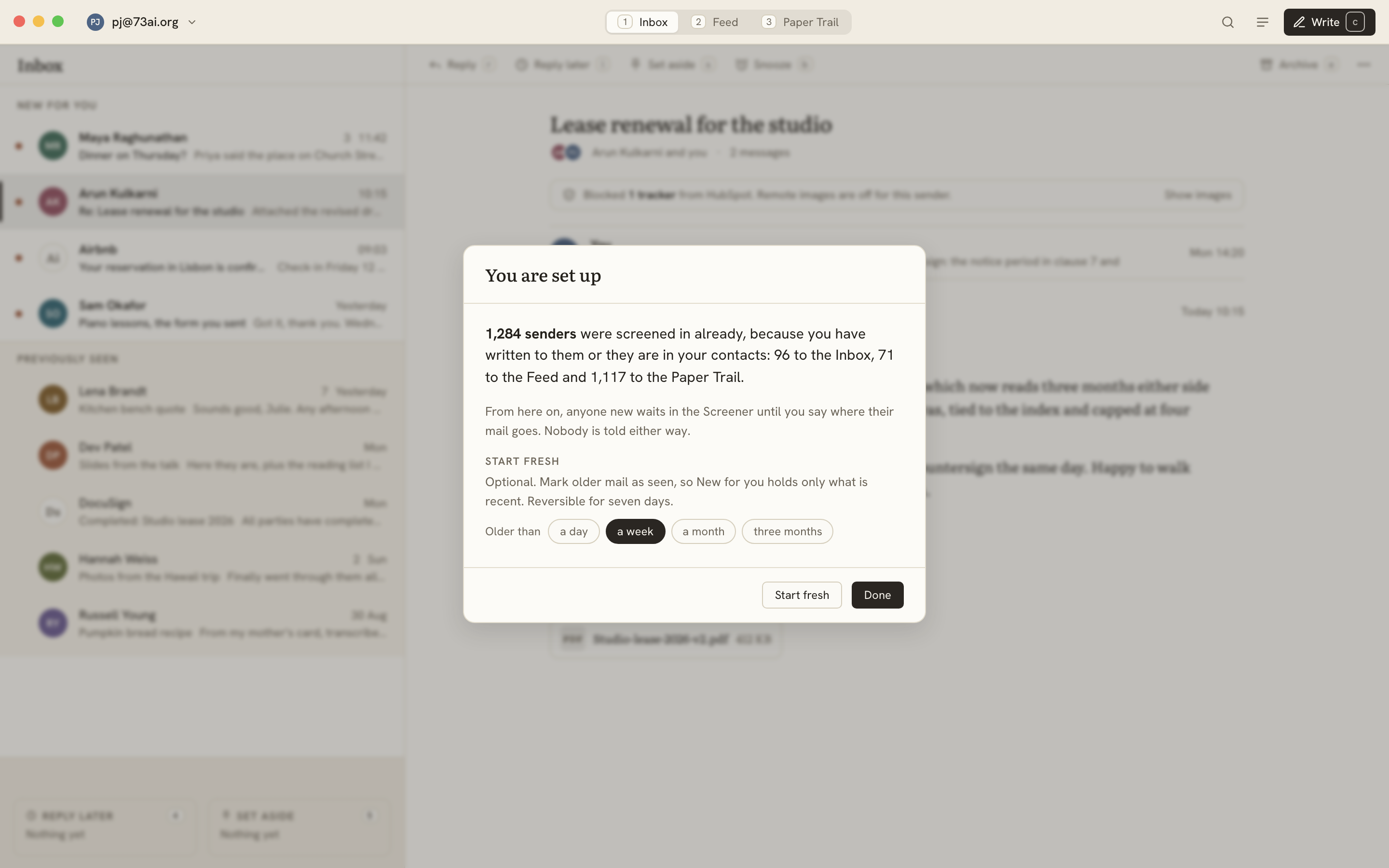 The first-run panel over the new Inbox