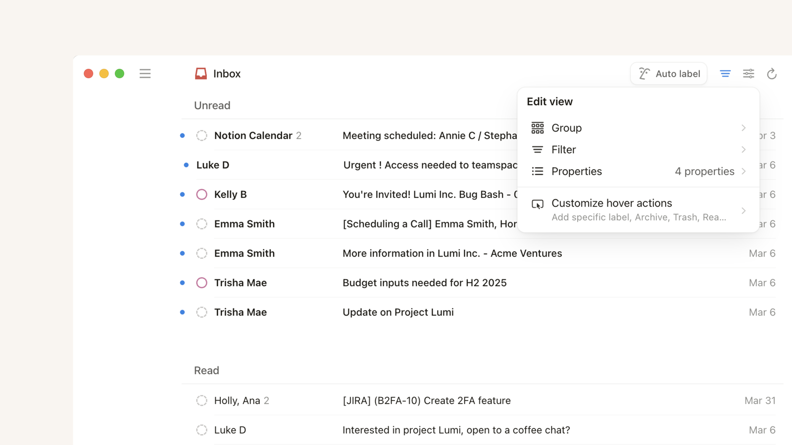 Notion Mail edit view popover