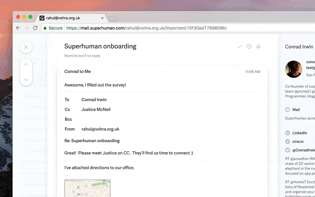Open conversation: left rail with close and prev/next, expanded header, contact pane on the right
