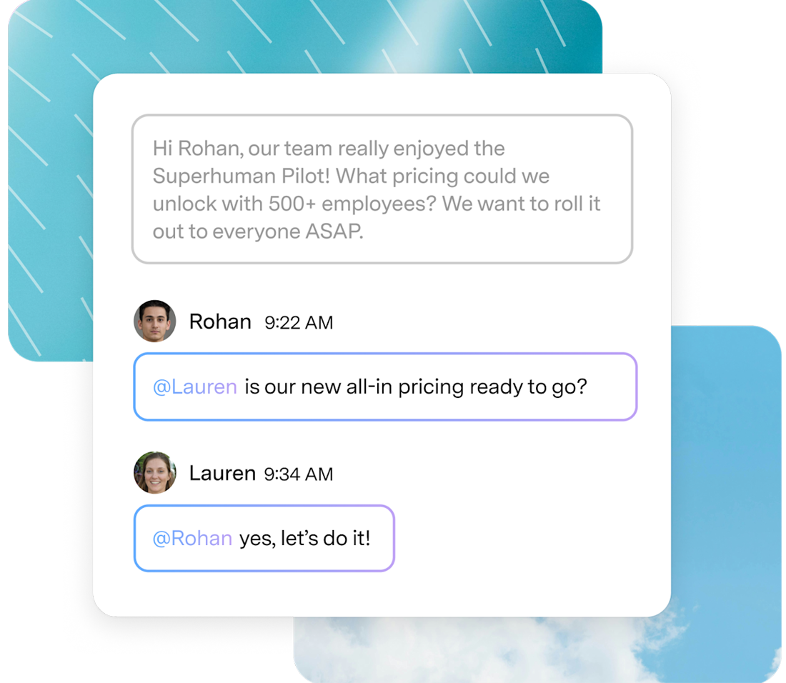 Marketing image for Share and Comment: internal @mention comments on a shared external thread