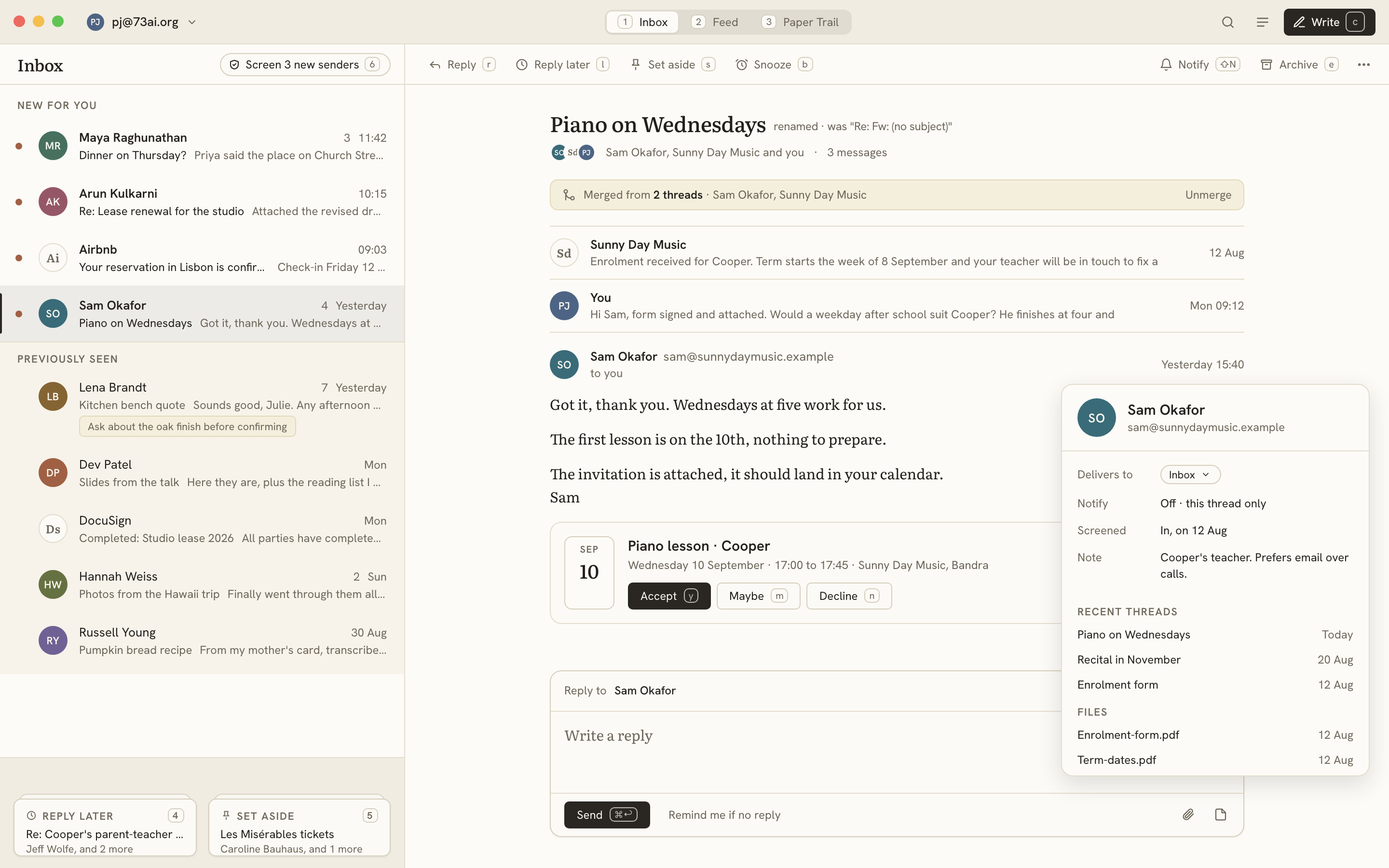 A renamed, merged thread with an invite and the contact card