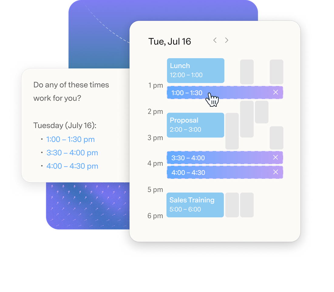 Share Availability: picked slots in the calendar become a list of times in the draft