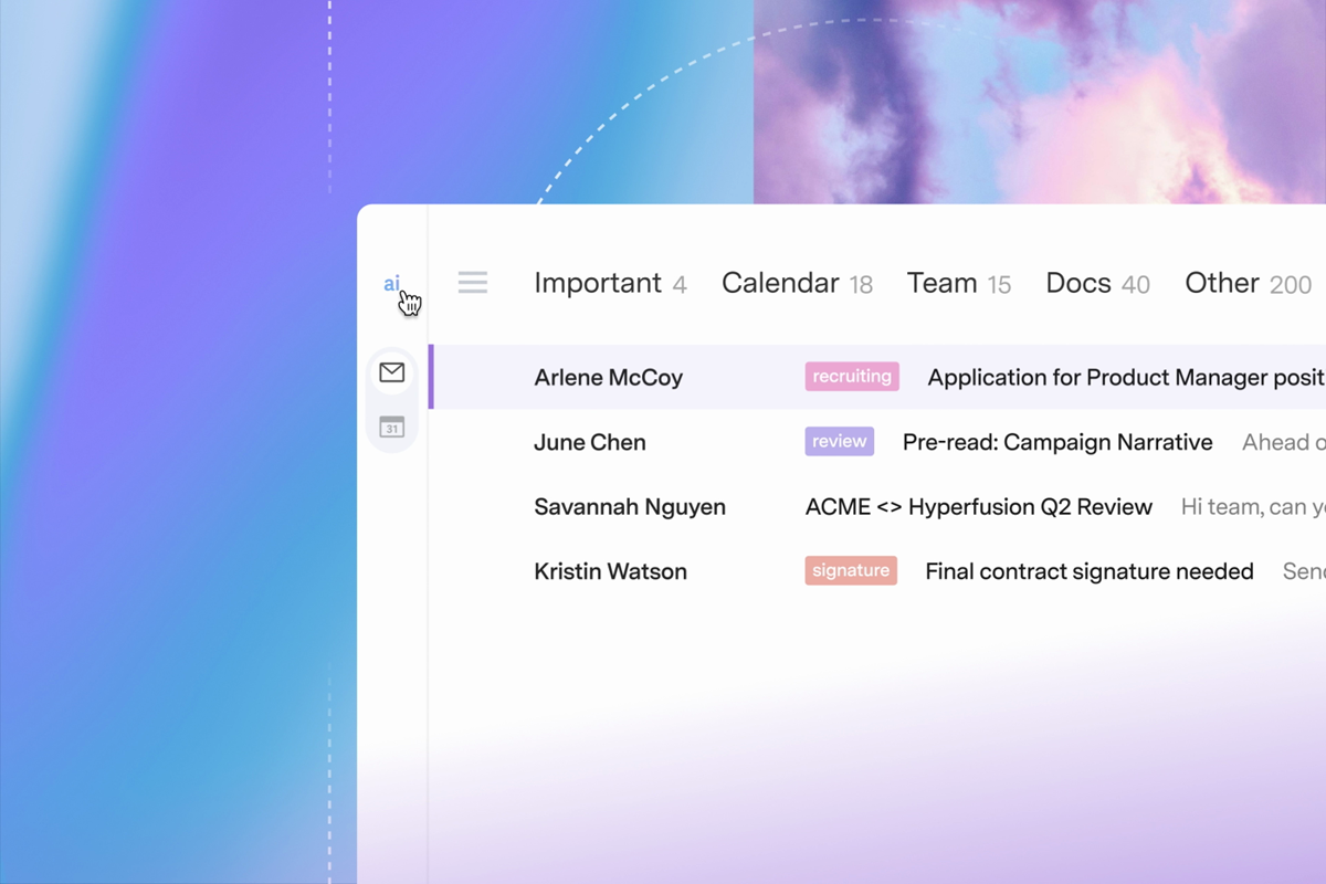 The same inbox with Split Inbox tabs (Important, Calendar, Team, Docs, Other) and the left icon rail for AI, mail and calendar