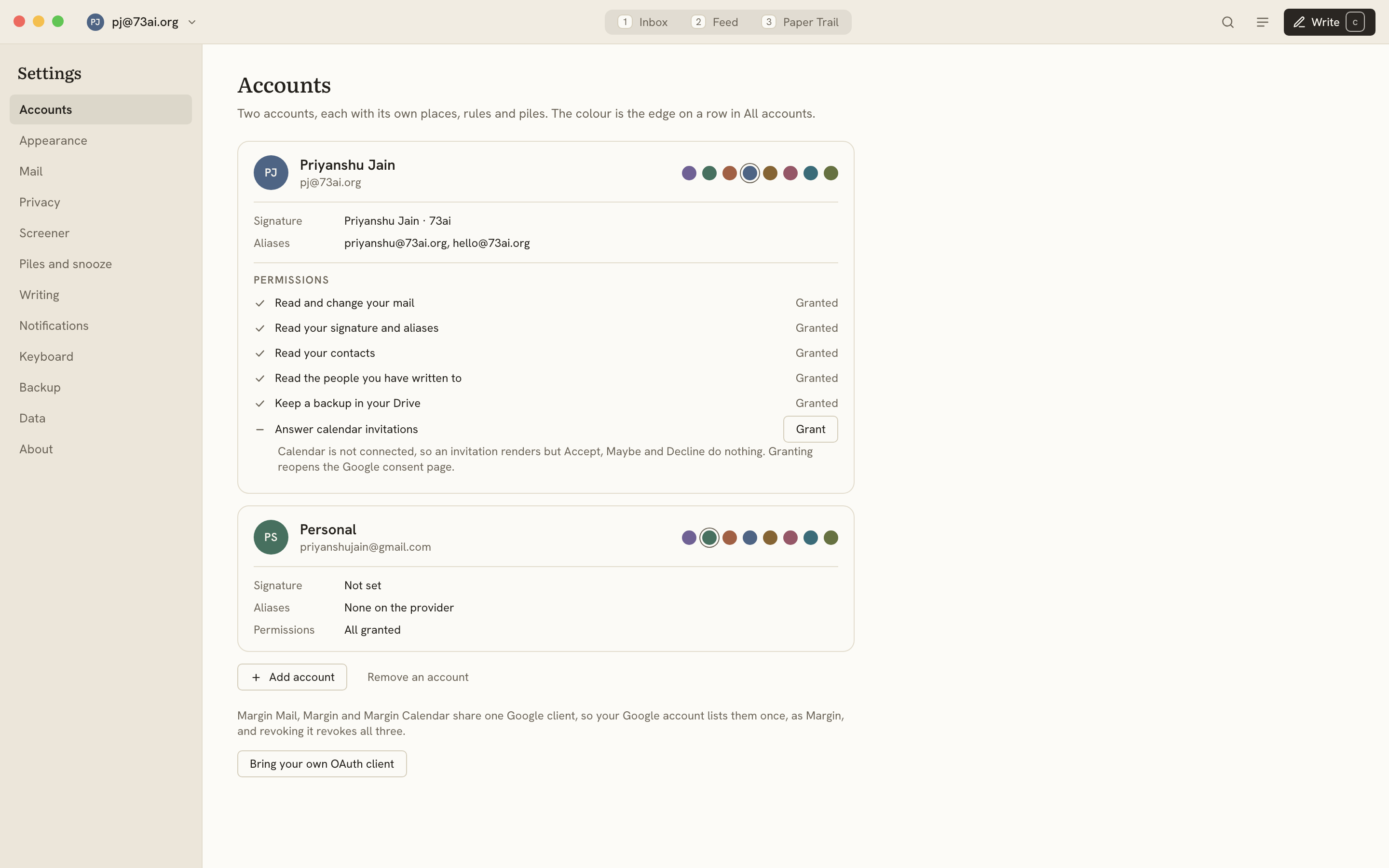 Settings, on the Accounts section