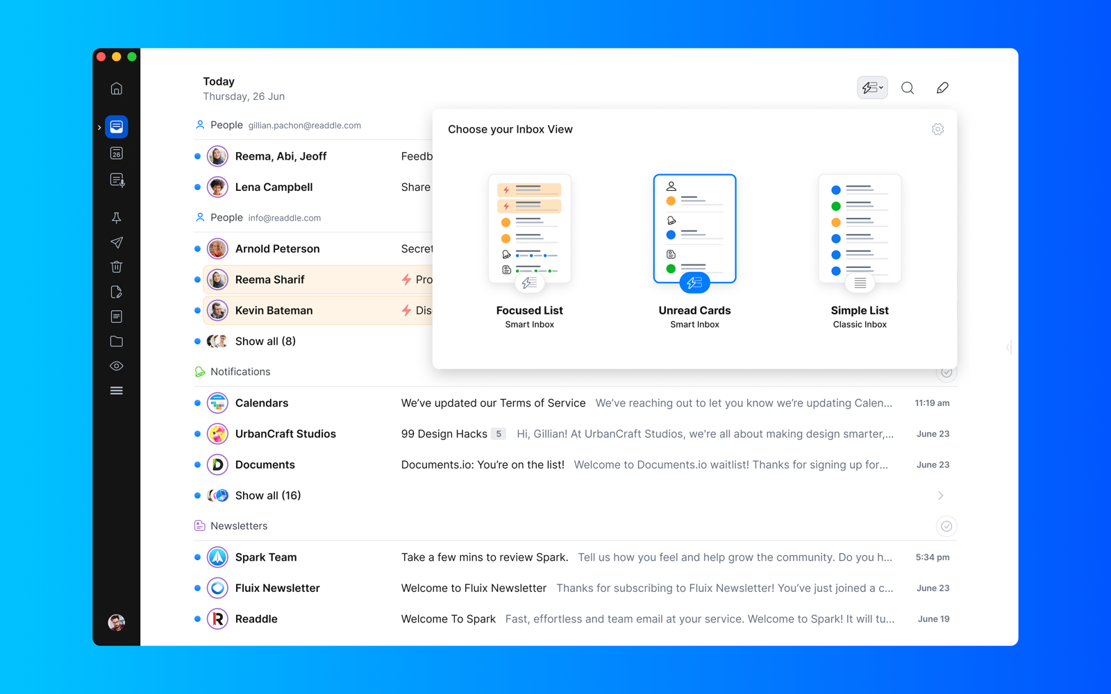 Spark inbox view picker