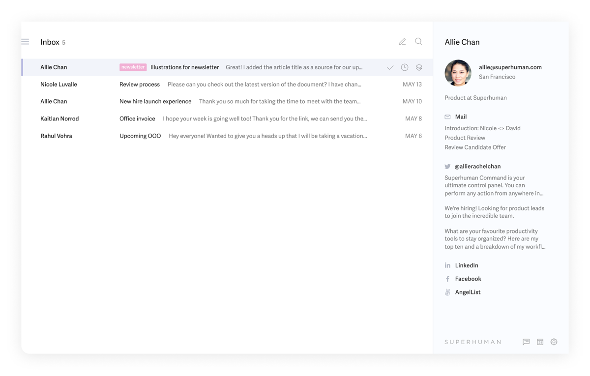 Inbox list with the Contact Pane in the right sidebar (2023 blog screenshot)