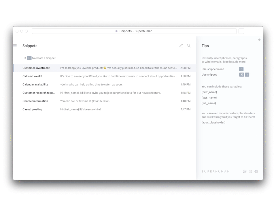 Snippets list view with the Tips sidebar listing variables and placeholders