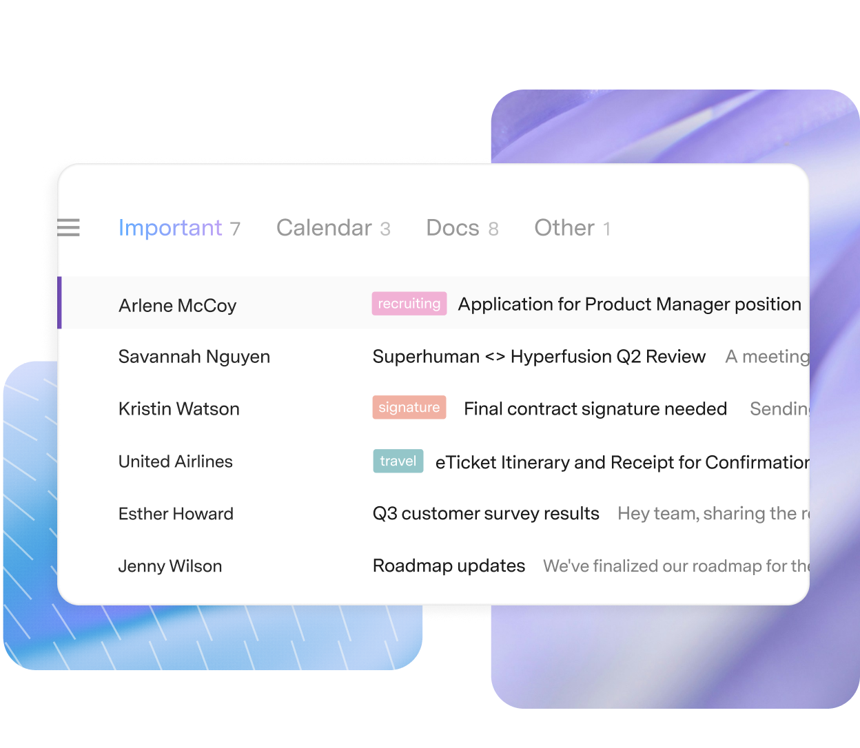 Split Inbox tabs with counts; Auto Label pills (recruiting, signature, travel) sit between sender and subject
